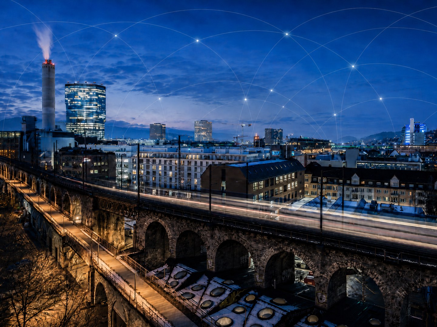 Vernetztes Zürich-West bei Blue Hour mit Viadukt und digitalem Netzwerk